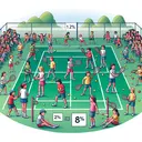 Create an image illustrating a sports club filled with children. Among them, show a group of children playing tennis, representing 20% of the club population. Further, show a smaller group among the tennis players, representing 25% of them, also engaged in playing rounders. For accuracy and reference, depict 8 unique children who are seen actively participating in both sports. Remember, there should be no text in this artistic representation of a mathematical story problem.