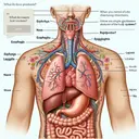 Create an image showing educational anatomy diagrams of the human body, featuring the respiratory and digestive systems. Display the esophagus, nose, larynx, and epiglottis features prominently, complimentary to the question about their functions. Ensure the image is visually engaging and contains no text. Make the image informative but gently abstracted in style to ensure a wide understanding of presented organs.