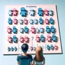An image representation of a mathematical probability problem involving family planning. The scene includes a diverse couple visualizing their future with three child-shaped silhouettes. Each silhouette could be filled with baby blue or baby pink to portray the possibilities of having boys or girls in different combinations. The silhouettes should be arranged in such a way that they indicate the different probabilities, such as all boys or having at least one girl, without using any text.