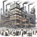 Visualize a busy industrial scene featuring a large, towering structure with many windows and chimneys puffing out gray smoke. Skilled workers, both men and women from various descents such as Asian, Caucasian and Hispanic, are engaged in their tasks. Gears are turning and machines are whirring, giving the impression of goods being manufactured. A latticework of pipes and vents can be seen, along with stacks of raw material waiting to be processed. The overall scene focuses on producing a feel of intense activity, grandeur of industrial revolution and the vibrancy of human endeavor.