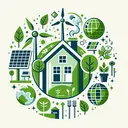 Create an engaging image depicting the concept of an eco-friendly home-building company's logo. It should preferably incorporate Earth-friendly elements, such as leaves, trees, or a globe. However, the image should strictly contain no text or color schemes. Instead, put emphasis on green and sustainable construction technologies and techniques like wind turbines, solar panels, and environmentally-friendly building materials. The image should ideally convey a sense of eco-consciousness and sustainability, and must use neutral tones.