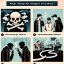 Create a compelling visual representation of a question regarding the major influences that compel teenagers to try tobacco. Illustrate four distinct and symbolic scenarios without text: 1) A visual warning sign, perhaps a skull and crossbones, indicating the harmful effects of tobacco 2) A group of teenagers subtly pressuring another adolescent to try smoking 3) A family setting where an older individual appears unwell with a smoky atmosphere 4) A subtly addictive image, perhaps a loop or chain, signifying the addictive nature of tobacco.