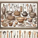 Draw an image depicting a museum scene with an exhibit of functional American kitchen art. Include different types of kitchen utensils such as handmade wooden spoons, ceramic plates with designs, vintage metal pots, colorful glass jugs, and beautifully engraved silverware, all displayed together in an artistic manner. However, leave out the plain plastic mixing bowl to illustrate the bowl's absence from the exhibit.