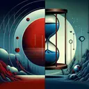 Illustrate an abstract scene representing the concepts of rules being broken and the consequential serious repercussions. Display two distinct sides, one depicting a round red symbol signifying zero tolerance, and the other featuring an hourglass suspended in mid-air, indicating suspension, all enveloped in an atmosphere of tension and seriousness.