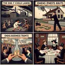 Create a collage-style image with four sections representing different progressive era reforms. Top-left: Depict a symbolic, 1910s-style representation of the end of child labor where a Caucasian child is moving from a dark, industrial backdrop towards a sunny schoolhouse in the foreground. Top-right: Display a visual metaphor of ending business trusts with a Hispanic businessman replacing a sealed trust document with a document labelled 'Fair Trade'. Bottom-left: Show a symbolic representation of the prohibition era featuring a glass bottle being broken by a 'Law' hammer, no specific descent needed. Bottom-right: Illustrate a historical suffrage meeting with a South Asian woman, a Black woman, and a Middle-Eastern woman around a table, planning and discussing voting rights.