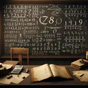 Illustrate a scene of an old, mathematical puzzle set in an antique classroom. A large blackboard hosts depictions of various three-digit numbers and half-erased chalk calculations. Notably, show a large and prominent three-digit even number, where the units and the hundreds digit would be the same if interchanged. Add visual elements like a wooden desk with an old calculator and parchment papers, a dusty chalk stick resting on the chalkboard ledge, a lit candle to evoke the intellectual atmosphere. Do not include any text in this image.