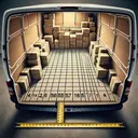 Create an intricate image, showcasing the interior of a delivery van. The van's floor is sprawled with a checked pattern marking an area of 56 square feet and is visibly 8 feet in length. On the side, stacks of boxes measuring 1 foot by 1 foot are lined up in 8 rows ready to be placed on the floor, awaiting to be arranged in the delivery van.