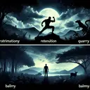 Visualize an image that symbolizes the essence of the vocabulary words used in three different situations, with no text included. First, depict the powerful feeling of seeking revenge, represented by a dramatic scene showing a silhouette with clenched fists against a stormy sky, symbolizing 'retribution'. Second, illustrate a stealthy hunter quietly approaching its target in a wild, lush environment, depicting the concept of a 'quarry'. Lastly, show a solitary figure enjoying a peaceful night walk, embodying the refreshing and 'balmy' night air.