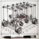 Draw an illustration of an experiment setup. The setup involves three dynamics carts named cart 1, cart 2, and cart 3, arranged from back to front respectively. Cart 1 at the back weighs 2.2 kg, cart 2 in the middle weighs 2.5 kg, and cart 3 at the front weighs 1.8 kg. There are force sensors atop each cart, with cart 1 having one sensor, cart 2 having two sensors, and cart 3 having another two sensors. These carts are interconnected via strings. In the front, there is a sixth force sensor which is used to pull the whole arrangement forward. Provide no text in the image.