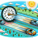 Create an image showing the concept of an inverse relationship between time and speed. Display the illustration with two cars driving on a drawn road. One car should be shown with a speedometer showing '35 miles per hour' and a clock showing '4 hours'. The other car should have a speedometer displaying '45 miles per hour' and a clock showing an estimate of '?' to signify the unknown time. The cars should be depicted driving on a landscape with hills, trees, and a bright sun in the background. The image should be colourful and engaging but it should not contain any text.