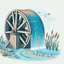 Illustrate a traditional wooden water wheel rotating in a gentle stream. The stream should cover around half the height of the wheel, with bulrushes growing around the edges of the water. Symbolize the pathway of a single nail on the rim of the water wheel over a 24 second period as a multi-colored dotted line. The colors should change according to time, starting from a cool blue at the beginning and transitioning to a warm red at the end of the 24 second cycle. Show parts of the path going below the water surface.