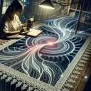 Generate an appealing image of an abstract boutique scene. A tailor, who is a South Asian woman, is meticulously designing a unique tablecloth. The pattern of which is based on the mathematical figure of a hypocycloid, visibly represented with glowing, curving lines. The tablecloth has intricate lacework adorning the edges, giving it a sophisticated look. There's no text present in the image.