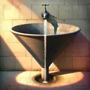 Visualize a vibrant, low-perspective scene of a cold metal faucet attached to a stone wall against a neutral background. Water flows steadily from the dripping faucet, capturing the sunlight as it trails through the mid-afternoon. Below the faucet there is a 15-foot deep conical vessel, half shrouded in shadow, half shiny in sunlight. The vessel has a diameter of 7.5 feet at the top. The conical vessel is being filled with water, its level rising. Specifically, the water is four feet deep in the vessel and is being filled at the rate of 2 feet per minute. Note, the image should not contain any text.