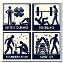 Create an image symbolically portraying the concepts of reverse tolerance, tolerance, rehabilitation, and addiction, without any specific text. The image could involve four sections each representing each concept in a metaphorical form. Reverse tolerance may be visualized as a person struggling to lift a heavier weight they initially could, tolerance might depict a person effortlessly carrying a similar weight, rehabilitation can be shown as a person breaking chains or untying ropes, and addiction could be depicted as a person tied up or under heavy weight.