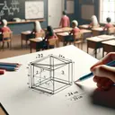 Create an image depicting a classroom setting with a mathematics lesson in progress. Include a 3D model of a square pyramid inside a cube, indicating the side length of 24 cm. Also, include a visual representation of a geometric figure with 13 vertices and 26 edges, but without defined faces. However, ensure no text or numbers visible, as per instruction.