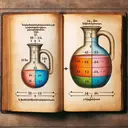 Visualize an image depicting an open book on a wooden table. On the left page of the book, show a 15th century-style sketch of a 19-liter jug, with a small portion coloured to indicate juice and the remainder indicating water. On the right page of the book, depict a larger, 54-liter jug with three distinct sections, each one-third of the total capacity, to represent the new composition of juice to water. Make sure no numbers or text are included in the image.