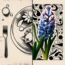 Imagine an image that subtly symbolizes the concept of guiding words, without any text. The picture features two sections, each visually representing a unique concept. On one side, there's a depiction of hunger with a simple sketch of an empty dinner plate. On the other side, is a vibrant hyacinth flower in full bloom. In the mix, there's a sense of confusion as well, characterized by jumbled lines and overlapping shapes, to signify the words that do not fit within these guiding terms.