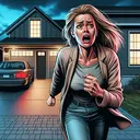 Illustrate an emotional scene of a woman, who we'll call 'neighbor', rushing into a house with an expression of distress and anger. She has Caucasian descent and is middle-aged. The house is a suburban one with a small front yard. The car is missing from the driveway, leaving an empty space. Portray a sense of urgency and tension in the lighting and colors of the evening sky. The focus should be on the woman's emotional state, body language, and the vacant driveway.