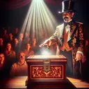An enchanting evening scene at an old-fashioned magic show. The magical spotlight highlights a figure, Mr. Utterbunk, a middle-aged man of Hispanic descent with an air of mystery. He's attired in a flamboyant magician's suit, complete with a large top hat. His hand motions towards an opulent mahogany box with intricate gold inlays. The box appears to be levitating, suggesting a levitation trick. The faces of the audience reflect awe and anticipation.