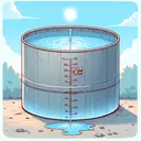 Illustrate a scene with a full, cylindrical water tank outdoors during the daytime. The tank is metallic and 70cm in diameter, filled to the brim with clear, reflective water. Beneath it, one can see a small, steady stream of water leaking, forming a puddle on the ground. There's a floating marker inside the tank showing the water level drop by 20cm. The sky above is bright, underscoring the passing of time, with visible shift from morning to slightly past noon sun.