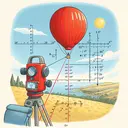 Illustrate a mathematical scene of a bright red balloon, 150 meters away from an observer, ascending vertically at a constant speed. The observer is at ground level, watching the balloon with a professional-grade theodolite instrument used to measure angles. After 1 minute of launch, depict the balloon at an angle of elevation of 28 degrees and 29 minutes with respect to the viewer's line of sight. In the background, show the clear blue sky as a hint towards the balloon's further journey upwards after 3 minutes.