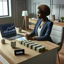 Create an image of an elegant, professional Black woman, who is presumed to be Tia, sitting at a wooden desk in a minimalist office. She should be analyzing investing options on her laptop, with financial charts and graphs displayed on the screen. The desk should also have well-organized piles of cash, stacked to represent the amounts of $2500 and $6000. There can be a small elegant digital clock showing the time fast forwarding to symbolize 10 years. Ensure there is no text present in the image.
