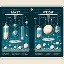 Construct an informative illustration that compares mass and weight without using any text. Portray an object in two different scenarios; one that showcases the constant amount of matter it contains (mass), and the other indicating the force of gravity on it (weight). Display this against a backdrop that subtly provides a sense of changing gravitational forces, perhaps by showcasing different planetary bodies and their varying gravitational pulls.