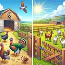 Illustrate a countryside farm scene during the day. On the left, show an open wooden farm gate. The farm should contain several turkeys and chickens in an enclosed area, specifically showing that 3/4 of the them have escaped and are wandering outside the fence. Also, depict half of the farm's goats wandering outside the fenced area, implying they've also escaped from the opened gate. The farm should be lush and picturesque, with a big barn visible in the background, a green field, and a clear blue sky.