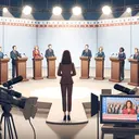 Visualize a woman standing on a debate stage surrounded by unnamed political candidates. This woman is presenting her views with confidence. The stage setup consists of podiums, spotlights, a large screen displaying a neutral abstract background, and cameras focusing on the woman. In a corner of the image, there's a depiction of a television showing the same woman having a heated discussion, suggesting that she's often invited on popular news shows to discuss her views.