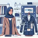 An image illustrating a store owner's calculation for the selling price of her coats. Depict an Middle-Eastern female store owner standing behind the counter. She's inspecting a quality coat that has a price tag of $56. Next to her, visualise ideally a series of calculations involving adding 30% to the cost and then selling the coat at 15% off. Show a calculator with the potential calculations, but make sure there's no readable text. The overall ambiance should be of a clothing store, with a rack of coats in the background.
