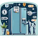 An intriguing illustration showing a person standing in front of a modern and stylish fridge which is tagged with an appealing price tag of $12,800. Nearby, the same person is depicted giving a down payment of $2,500. Symbols of dollars and percentages surround the scene representing the unseen concept of financing. Additionally, details like the passing of three years are subtly hinted by showing different seasons around. Make sure not to include any text within the image.