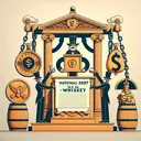 Generate an image illustrating the concept of a historical character imposing a tax on whiskey. The image might include a stylized podium with a scroll showing symbols of coins and whiskey barrels, along with a metaphorical representation of national debt, such as broken chains or a large weight being lightened. Please ensure the image contains no text.