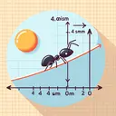 Create an image illustrating a physics concept. In the center, accurately depict an ant moving along a straight line, indicating the x-axis. Above this, incorporate a semi-circle to represent the graph of the ant's position versus time. Indicate the total distance the ant travelled in 4 seconds, but make sure to exclude any text or numbers from the image.