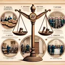 An imaginative representation of the four options related to historical events during the presidency of George Washington. Picture a balanced scale symbolizing decision, with 9 identical gavels on one side representing a judicial system. Depict renowned leaders discussing around a circular table symbolizing executive departments. Include an image of a document with a seal illustrating the establishment of new cabinet positions, and finally, display an open door indicating the choice not to run for a 3rd term. Please ensure the image contains no text.