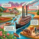 A vivid and engaging illustration that symbolizes the impact of Robert Fulton on farmers. The key elements to focus on are: a network of canals aiding in the irrigation of parched farmlands, improved roadways connecting rural areas to the east coast, the invention of the steamboat enabling cost-effective transportation of crops, and the development of the steam engine that led to expansion in the meat packing industry. Be sure to include a steamboat in the scene to represent the chosen answer 'C'. Remember, the image should not contain any text.
