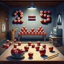 A visual representation of the mathematical expression '25 less than 12 groups of 15'. The scene should include twelve groups of something representing the number 15, for instance, fifteen apples. Then there's a visual subtraction of 25 items from this collection. The image should be engaging and thought-provoking, promoting the understanding of expressions in mathematics. Please ensure there is no text present in the image.