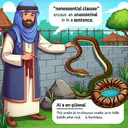 Illustrate an educational scene that conveys the concept of a 'nonessential clause' in a sentence. The image should feature a man of Middle-Eastern descent, leaning against a wall nearby a zoo. Show him holding a non-poisonous snake with brown and green coloring. This snake should be visually represented as able to hide in marshy areas. Also, show another snake slithering behind a rock which is harmless. The image must not contain any text.
