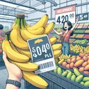 Create an image that depicts a scene at a grocery store. Visualize a tall display of ripe bananas, a distinct yellow amidst the other multicolored fruits. There's a sign overhead indicating that the bananas are on sale for $0.40 per pound. A joyful customer with South Asian descent is holding a coupon in their hand, prominently displaying the $0.25 savings. The atmosphere is really lively and bustling, with other customers of different descents and genders browsing through the fresh produce section.