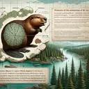 Visualize an interesting natural setting with a normal sized beaver, around 20 kilograms, marking its territory in a lush forest, defining the boundaries of its defended region which spreads across a notable 200 square meters. Nearby, carve out an imprint of an ancient, huge beaver of North America, approximately 3.5 meters long, weighting about 200 kg, representing the grandiosity of its defended ground. Fossils offer evidence of these ancient beings. Ensure both beavers are represented in harmony with their surroundings, providing a clear picture of the significant difference in their sizes and the areas they would defend. There should be no text in the image.