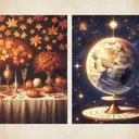 Create an image that visually depicts the context of the following two sentences, without any use of text. First context is a decorative scene of autumn leaves, casting an aura of nostalgic beauty - possibly on a table or over a mantelpiece. The second context is a representation of people from ancient times, where people believed that the Earth was flat, displaying an image of flat earth model on a platform or background of stars and space.