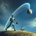An intriguing scene featuring a young South Asian male wearing a casual outfit, standing on a small hill that's 2 meters high. He is in the midst of throwing a baseball upwards with great force. The ball's trajectory forms a visibly perfect parabola against the blue, cloudless sky, symbolizing its movement under the force of gravity. The ball is seen at its apex, the maximum height it reaches. Nearby, a stopwatch is floating in the air, signifying the time it takes for the ball to hit the ground.