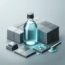 Create a detailed image of a ceramic tile cleaner. This product should be visualized as a crystal-clear bottle containing a light blue liquid to symbolize the cleanser. The bottle should be designed to indicate its special purpose. A slate gray ceramic tile should be positioned next to the bottle, with some tiles noticeably cleaner than the others, to show the effect of the cleanser. Though remember, no text should be included in the image.