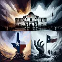 Generate an abstract image capturing the emotions associated with the historical events at the Alamo. The scene should be divided into four different slices, each reflecting a unique mood related to the four given effects on Texans. Section A should depict desolation and lost hope, recognizable in the form of a shadowy, looming fortress under a gloomy sky. Section B should portray a scene of pleading urgency, shown through hands reaching out towards a distant star-spangled banner. Section C should capture a longing for freedom, symbolized by broken chains and a beacon of light. Finally, section D should illustrate resolution and defiance, represented through symbolic weapons and a resilient Texas lone star.