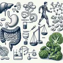 Create an image showing objects or symbols related to various aspects of digestion and nutrition depicted throughout the multiple choice questions. This may include a simplified diagram of the gastrointestinal tract, symbols representing carbohydrates, fats, proteins, a scale balancing a calorie symbol and a running man for activity level, an abstract representation of metabolic reactions inside cells, and servings of nutrient-dense leafy green vegetables. Remember to not include any text.