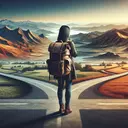 Create a visually appealing image that metaphorically represents the concept of crossing borders. In this scene, display a vast landscape with diverse geographical features such as mountains, rivers, and prairies, indicating different regions or countries. Show an individual, a middle-aged South Asian woman, standing at a crossroads contemplating her path. She's carrying a backpack that seems filled with memories and experiences, signifying her intent to cross the border. However, her expression should be thoughtful, implying both anticipation and apprehension, to depict how border crossing can affect individuals.