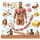 Generate an anatomical illustration depicting the process of fat digestion in the human body. The image should show the breakdown of fats in the intestines, their conversion into simpler compounds, their absorption through the intestinal walls, and subsequent entry into the bloodstream. The image should also include representatives of different digest enzymes and their role in breaking down the fats. Make sure to include a diverse range of people in the depiction to represent the universality of the process, including a Caucasian woman, a Middle-Eastern man, a Hispanic woman, and a Black man. Create the image in a detailed and scientific style without any text.