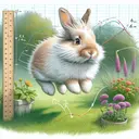 Illustrate a realistic, detailed scene of a rabbit mid-jump with its apex approximately 4.6 cm high and the total jump distance around 6.2 cm. Give the rabbit fluffy fur and inquisitive eyes. Set the scene in a home garden with verdant grass and blooming flowers. Include in the backdrop, a ruler for scale but ensure that no numericals are visible on it. Include physics-themed elements, such as trajectory lines and arrows to indicate the motion of the rabbit.