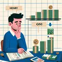 Create an illustration that depicts a man, Henry, counting money, symbolizing his weekly wage. The image should show €450 represented by stacks of paper bills. Next to Henry, illustrate a smaller pile of €90, representing the amount he spends on rent. Add details such as a calculator on the table to suggest that he is calculating fractions. The image should not contain any written text. Make sure the rendition is done in a simple, cartoonish style.