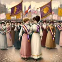 An image illustrating the women's suffrage movement in the United States during the 19th century. Depict two female figures leading a peaceful protest march, carrying banners indicative of their cause. One woman should have short, curly hair portraying the typical hairstyle of the period, while the other one should have a bun. Their attire should reflect the fashion of the time, including long dresses and bonnets. In the background, demonstrate a crowd of diverse women following their lead and waving more banners. Include symbolic elements such as sashes or rosettes bearing colors of the suffrage movement, mainly purple, white, and gold.