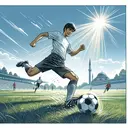 Visualize an engaging scene that represents the activity described. Picture a lively, grassy soccer field under a crystal clear sky. The main focus of our illustration is a Middle-Eastern male football player, in the midst of energetically kicking a black and white soccer ball. His face is filled with concentration and determination, reflecting the intensity of the game.